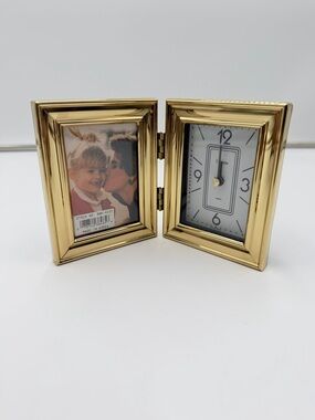 Vintage Brass Tone Double Picture Frame Clock Hinged Gold Desk Decor